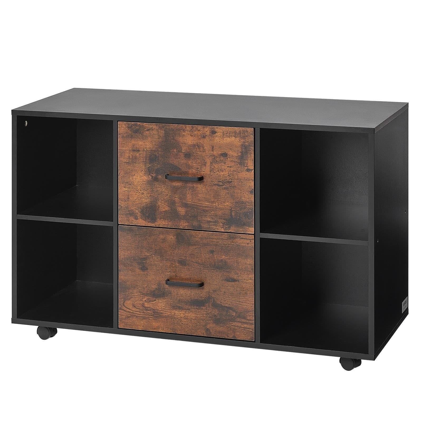image-VEVOR 2 Drawer Wooden File Cabinet, Mobile Filing Cabinet with Open Shelves, Lateral Rolling File Storage with Lockable Wheels, Modern Free Standing Printer Stand for Home, Office, School, Black