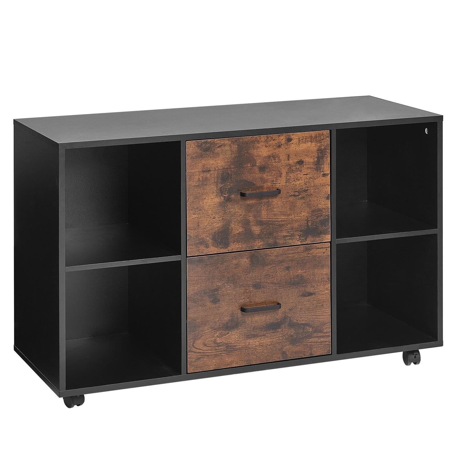 image-VEVOR 2 Drawer Wooden File Cabinet, Mobile Filing Cabinet with Open Shelves, Lateral Rolling File Storage with Lockable Wheels, Modern Free Standing Printer Stand for Home, Office, School, Black