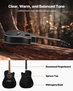 image-VEVOR Cutway Acoustic Guitar, 41 in, 6-String Black Solid Spruce Top Guitar, Beginner Bundle with Gig Bag, Tuner, Strap, Strings, Picks, Capo, Rosewood Fingerboard, for Adult Fingerstyle Solo Jazz