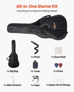 image-VEVOR Cutway Acoustic Guitar, 41 in, 6-String Black Solid Spruce Top Guitar, Beginner Bundle with Gig Bag, Tuner, Strap, Strings, Picks, Capo, Rosewood Fingerboard, for Adult Fingerstyle Solo Jazz