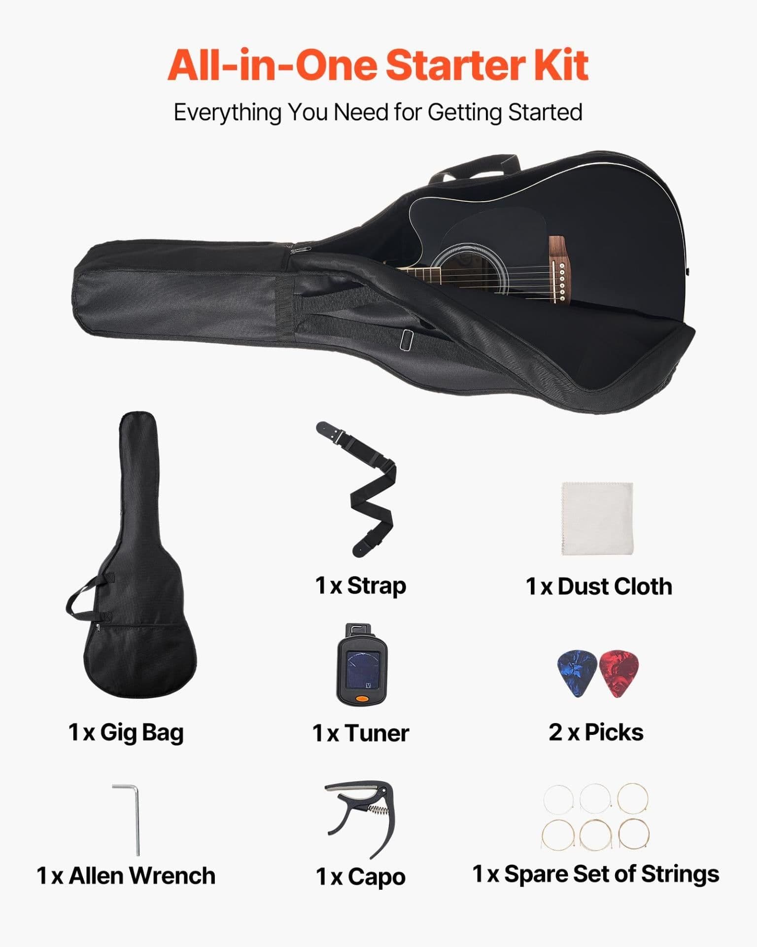 image-VEVOR Cutway Acoustic Guitar, 41 in, 6-String Black Solid Spruce Top Guitar, Beginner Bundle with Gig Bag, Tuner, Strap, Strings, Picks, Capo, Rosewood Fingerboard, for Adult Fingerstyle Solo Jazz