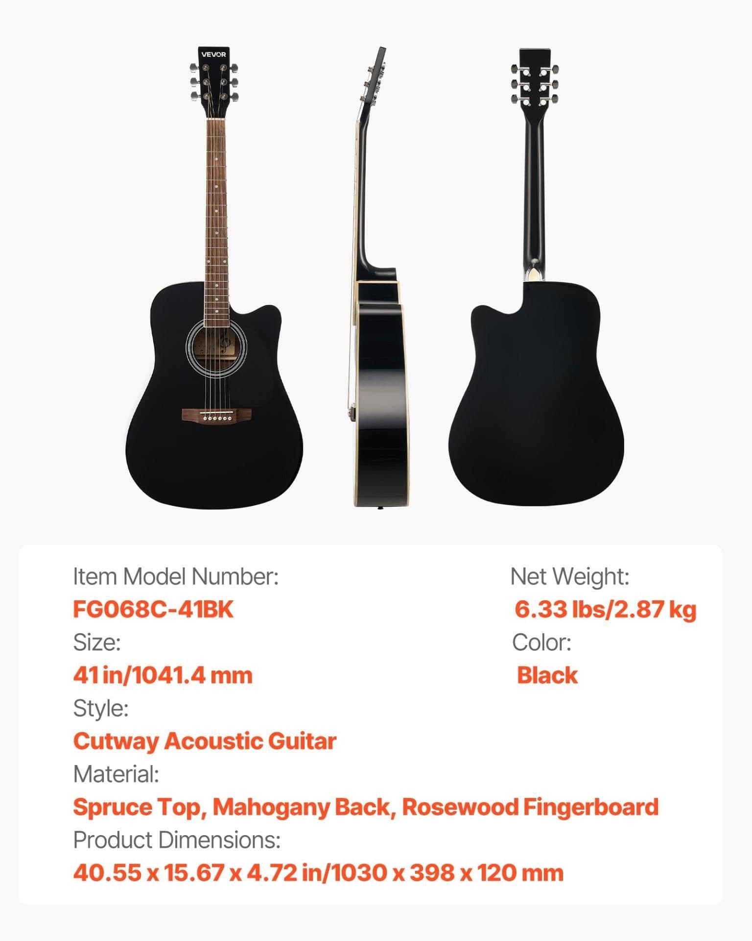 image-VEVOR Cutway Acoustic Guitar, 41 in, 6-String Black Solid Spruce Top Guitar, Beginner Bundle with Gig Bag, Tuner, Strap, Strings, Picks, Capo, Rosewood Fingerboard, for Adult Fingerstyle Solo Jazz
