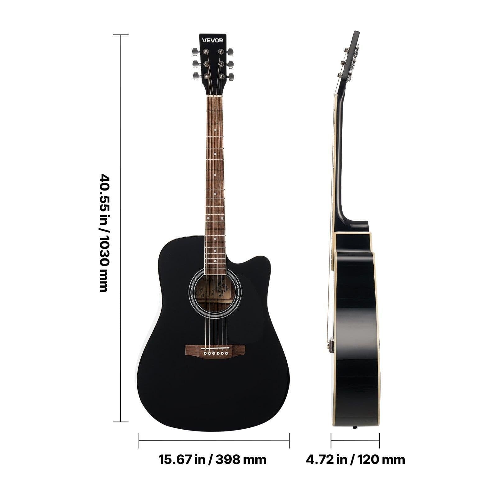 image-VEVOR Cutway Acoustic Guitar, 41 in, 6-String Black Solid Spruce Top Guitar, Beginner Bundle with Gig Bag, Tuner, Strap, Strings, Picks, Capo, Rosewood Fingerboard, for Adult Fingerstyle Solo Jazz