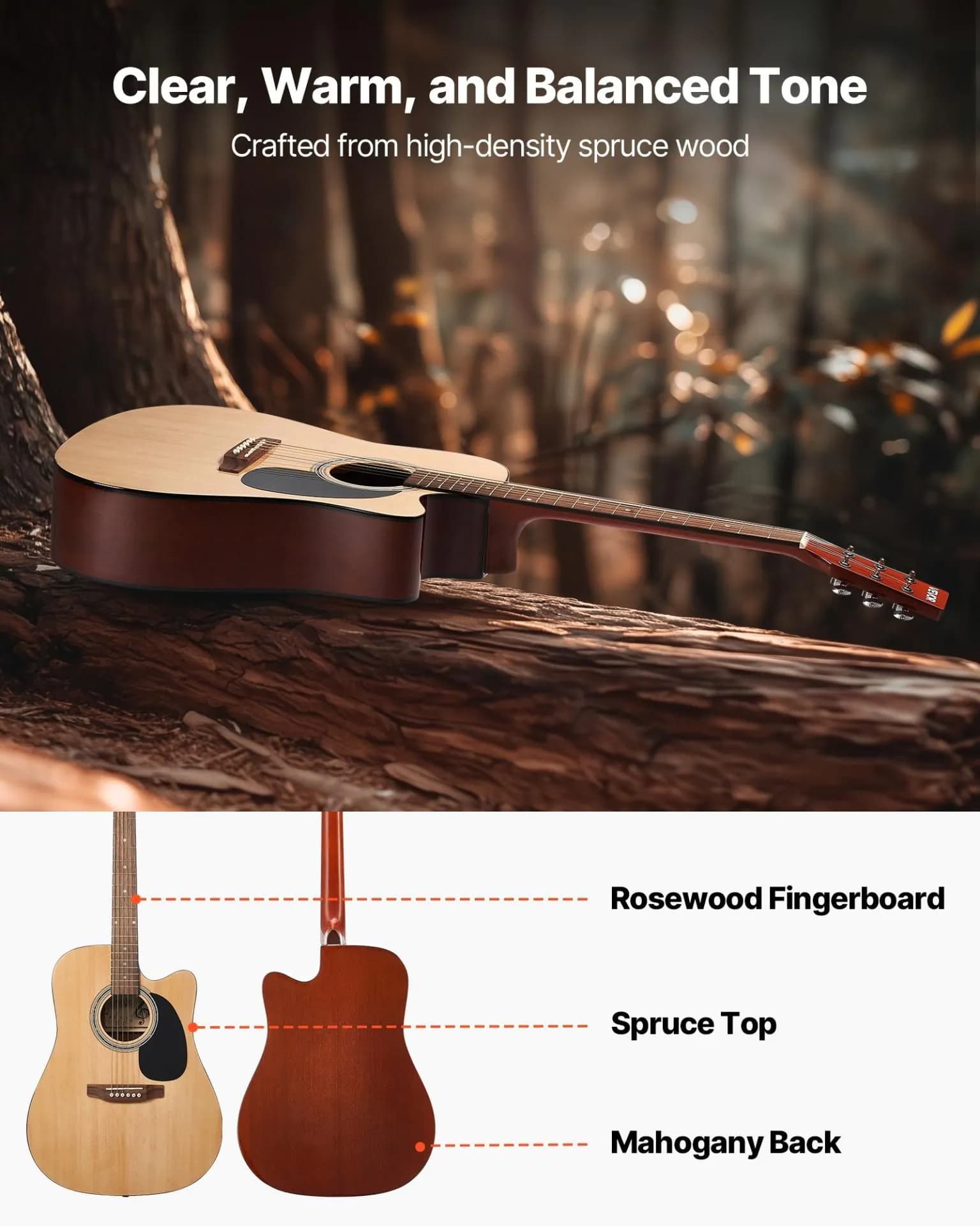 image-VEVOR Cutway Acoustic Guitar, 41 in, 6-String, Natural Solid Spruce Top Guitar, Beginner Bundle with Gig Bag, Tuner, Strap, Steel Strings, Picks, Capo, Rosewood Fingerboard, for Fingerstyle Solo Jazz
