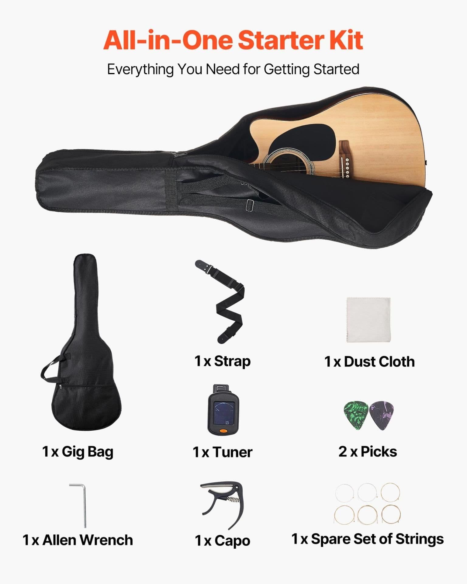 image-VEVOR Cutway Acoustic Guitar, 41 in, 6-String, Natural Solid Spruce Top Guitar, Beginner Bundle with Gig Bag, Tuner, Strap, Steel Strings, Picks, Capo, Rosewood Fingerboard, for Fingerstyle Solo Jazz