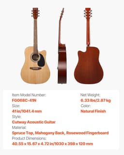image-VEVOR Cutway Acoustic Guitar, 41 in, 6-String, Natural Solid Spruce Top Guitar, Beginner Bundle with Gig Bag, Tuner, Strap, Steel Strings, Picks, Capo, Rosewood Fingerboard, for Fingerstyle Solo Jazz