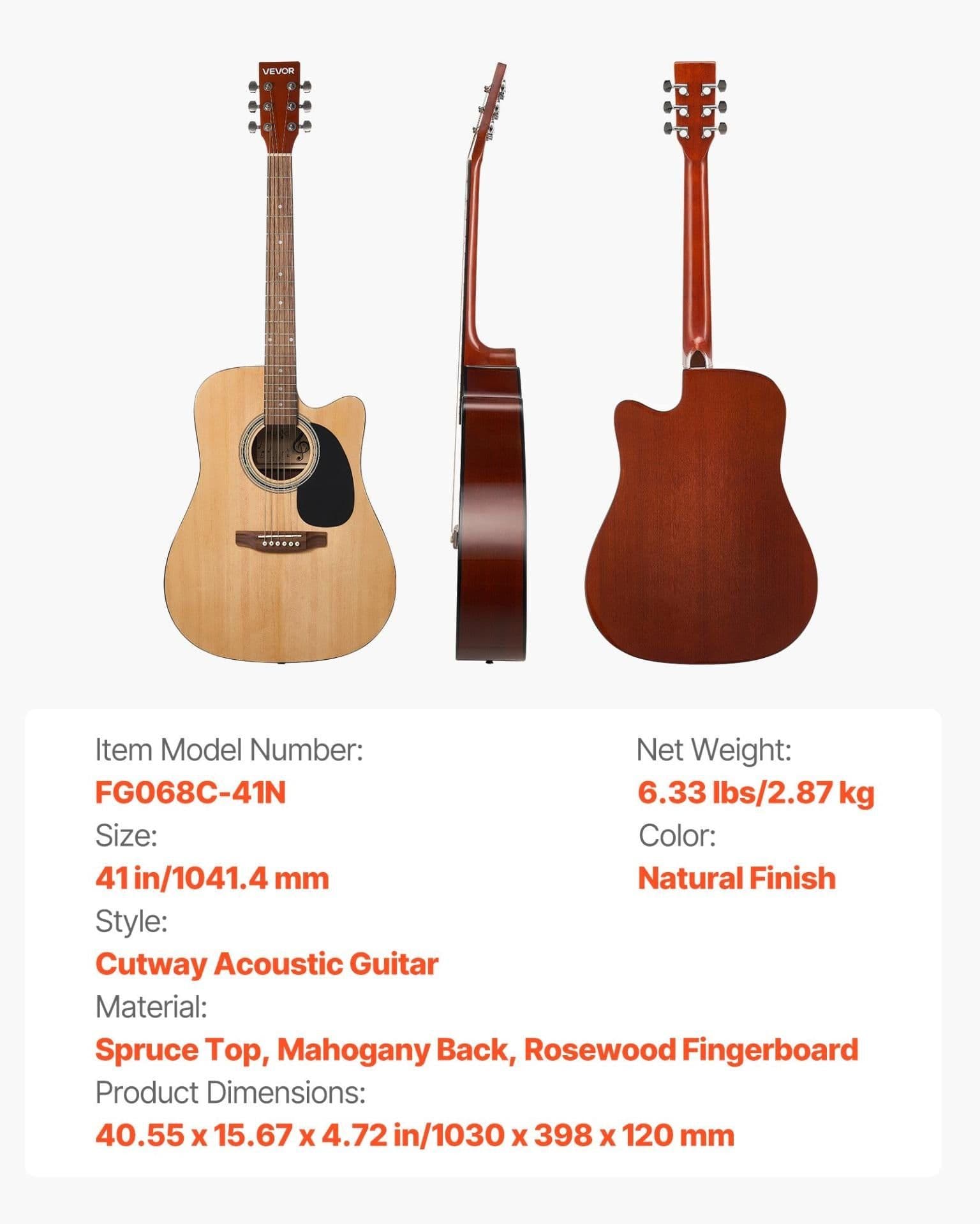 image-VEVOR Cutway Acoustic Guitar, 41 in, 6-String, Natural Solid Spruce Top Guitar, Beginner Bundle with Gig Bag, Tuner, Strap, Steel Strings, Picks, Capo, Rosewood Fingerboard, for Fingerstyle Solo Jazz