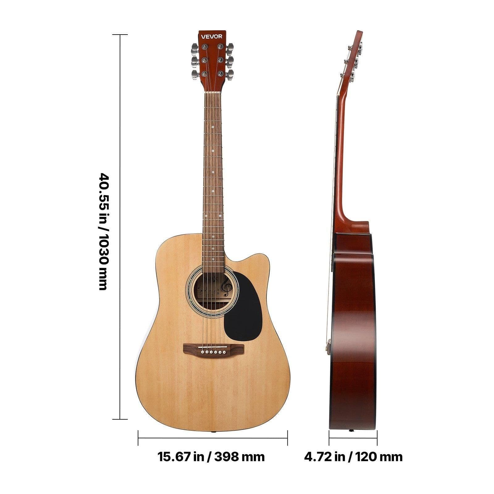 image-VEVOR Cutway Acoustic Guitar, 41 in, 6-String, Natural Solid Spruce Top Guitar, Beginner Bundle with Gig Bag, Tuner, Strap, Steel Strings, Picks, Capo, Rosewood Fingerboard, for Fingerstyle Solo Jazz