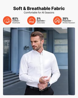 image-VEVOR Men's Button Up Shirt, Mens Long Sleeve Wrinkle-free Button Down Dress Shirts, Slim Fit Soft Stretch Fabric for Business Casual or Formal, Work, Wedding, Dinner, White