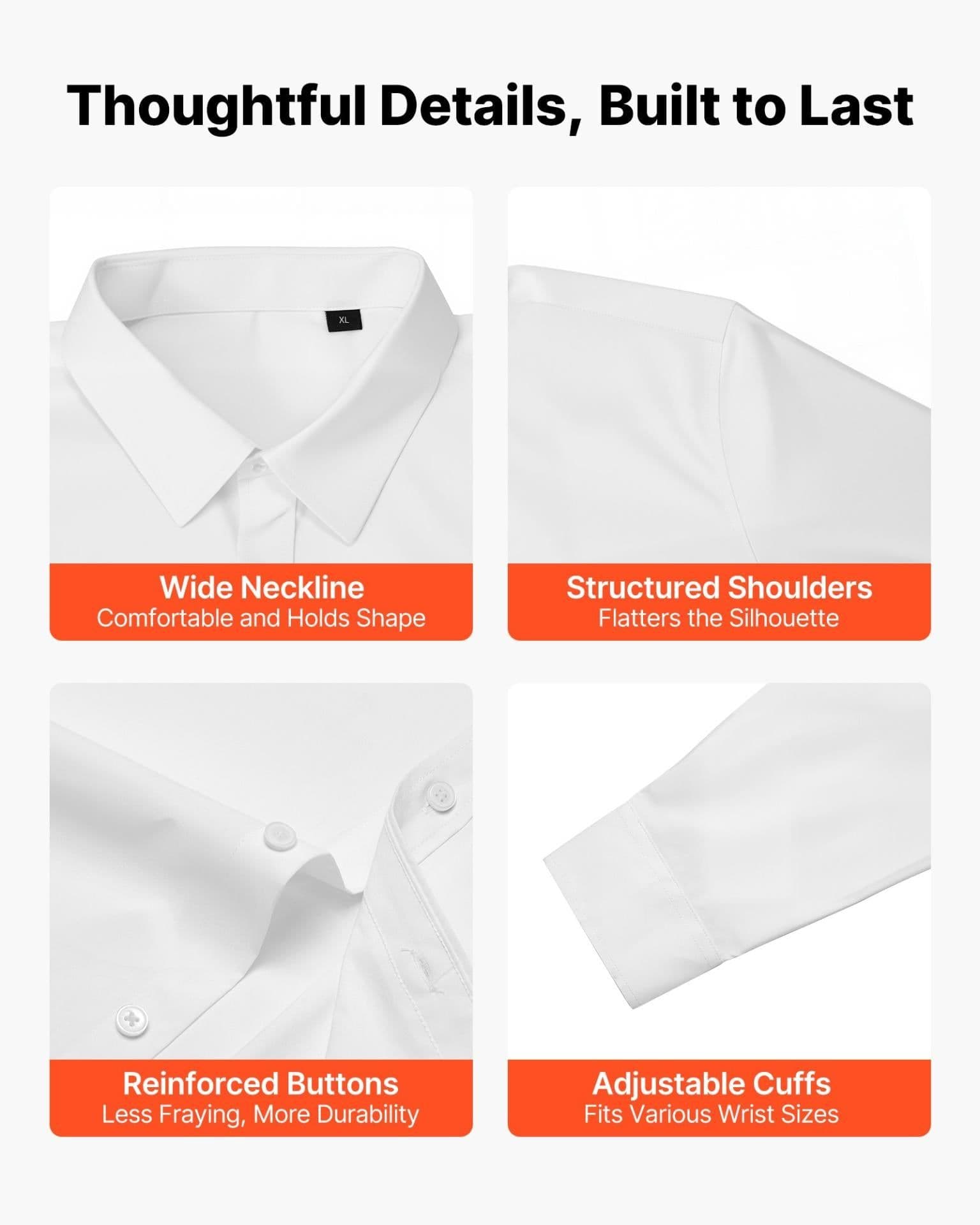 image-VEVOR Men's Button Up Shirt, Mens Long Sleeve Wrinkle-free Button Down Dress Shirts, Slim Fit Soft Stretch Fabric for Business Casual or Formal, Work, Wedding, Dinner, White