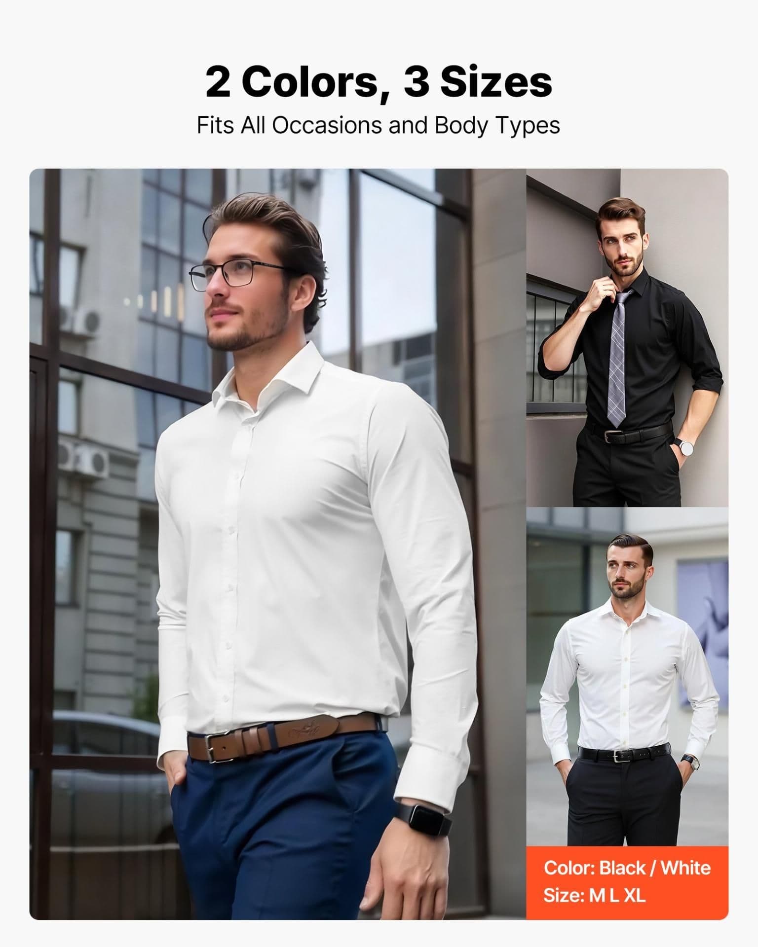image-VEVOR Men's Button Up Shirt, Mens Long Sleeve Wrinkle-free Button Down Dress Shirts, Slim Fit Soft Stretch Fabric for Business Casual or Formal, Work, Wedding, Dinner, White