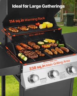 image-VEVOR Gas Grill, 3 Burner Propane Gas Grill with Spacious 338 SQ.In Grilling Area, Carbon Steel Enamel Grates, Outdoor 36,000 BTU Patio Garden BBQ Grills with Foldable Side Shelves, Carbon Steel