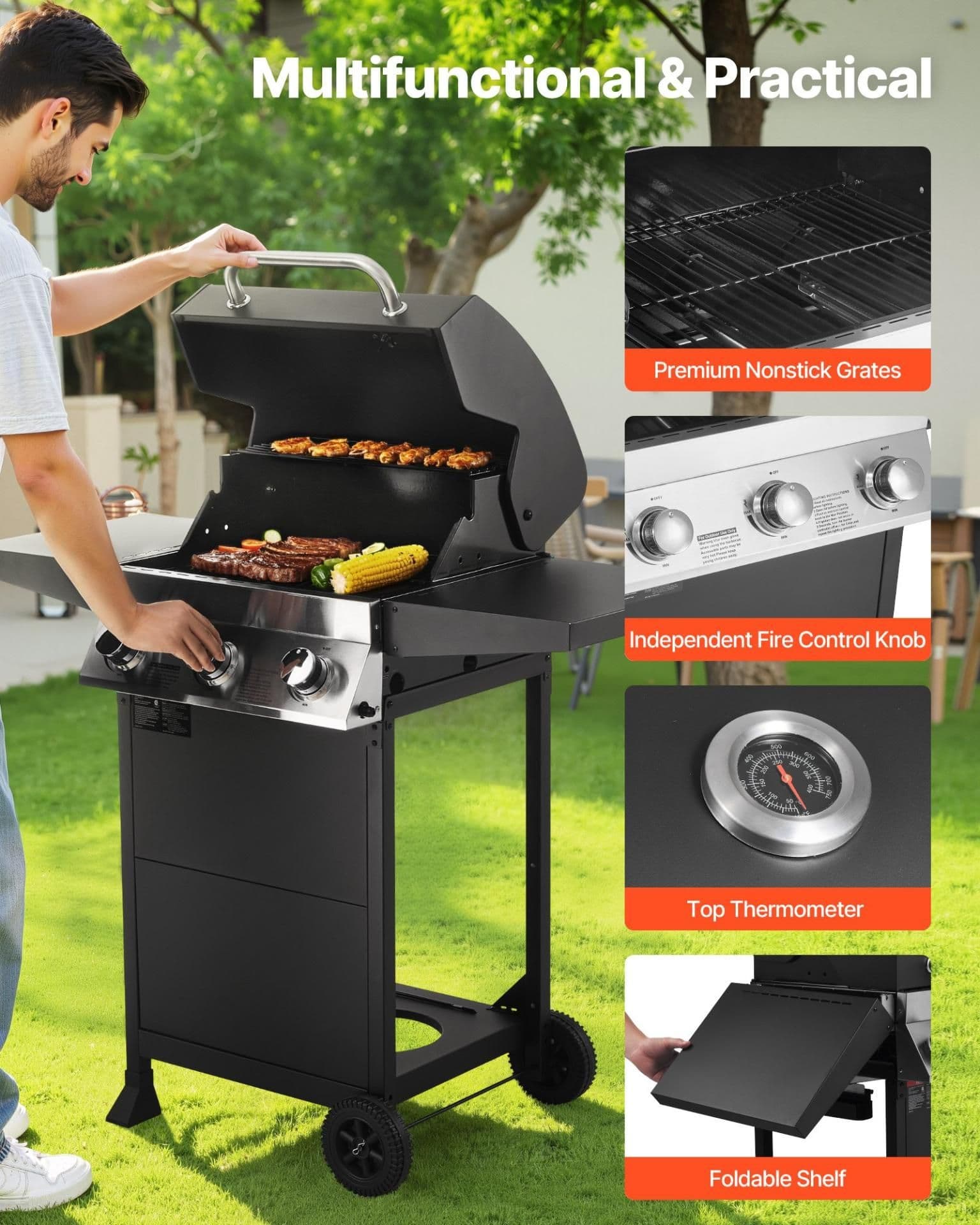 image-VEVOR Gas Grill, 3 Burner Propane Gas Grill with Spacious 338 SQ.In Grilling Area, Carbon Steel Enamel Grates, Outdoor 36,000 BTU Patio Garden BBQ Grills with Foldable Side Shelves, Carbon Steel