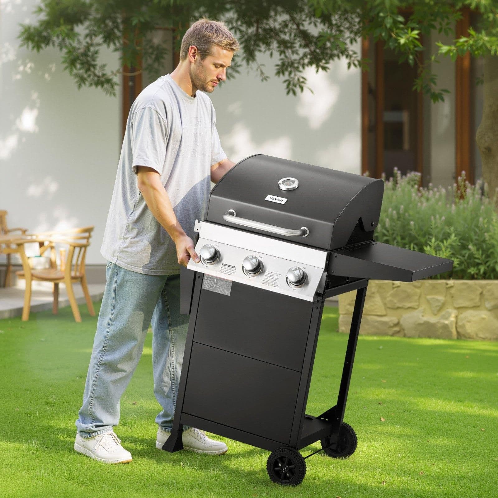 image-VEVOR Gas Grill, 3 Burner Propane Gas Grill with Spacious 338 SQ.In Grilling Area, Carbon Steel Enamel Grates, Outdoor 36,000 BTU Patio Garden BBQ Grills with Foldable Side Shelves, Carbon Steel
