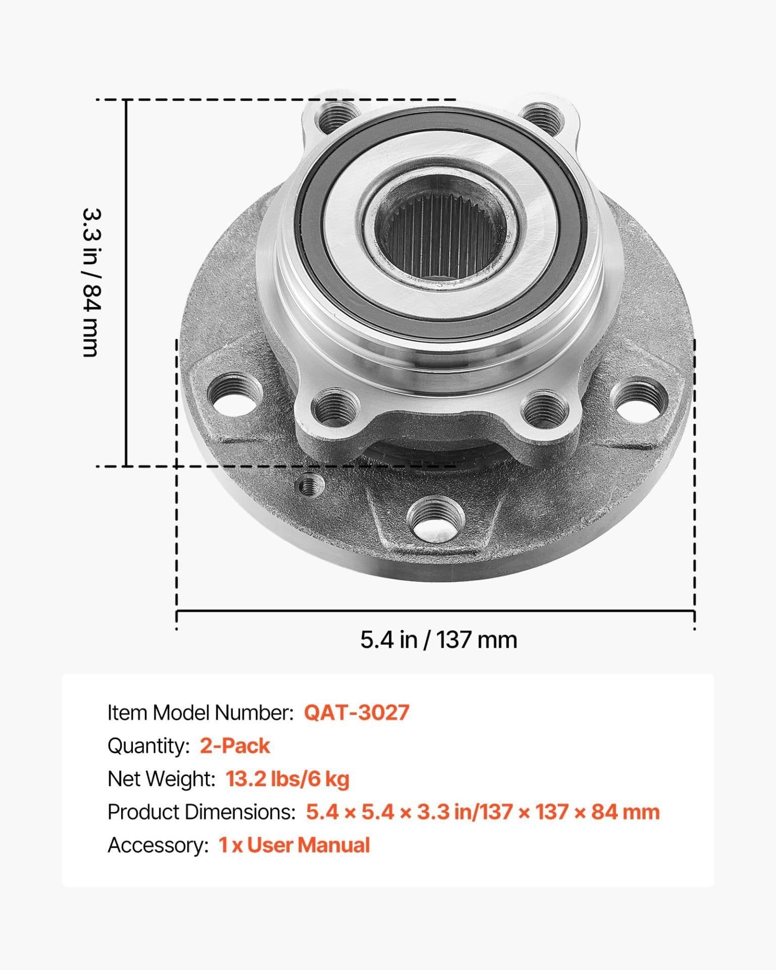 image-VEVOR 2PCS Front Wheel Bearing & Hub Assembly Fit for 2018 Audi Q3 Komfort Premium Plus Sport Utility 4-Door Volkswagen Beetle Coast Convertible 2-Door 2.0L OEM 513253, Wheel Bearing Hub Assembly Set