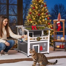 image-VEVOR Insulated Cat House, 2-Story Wooden Cat Shelter, Foam Insulation, Feral Kitty Shelter with Balcony, Waterproof Cats Condos for Indoor & Outdoor 1-3 Cats in Winter 33 x 29.5 x 32 in