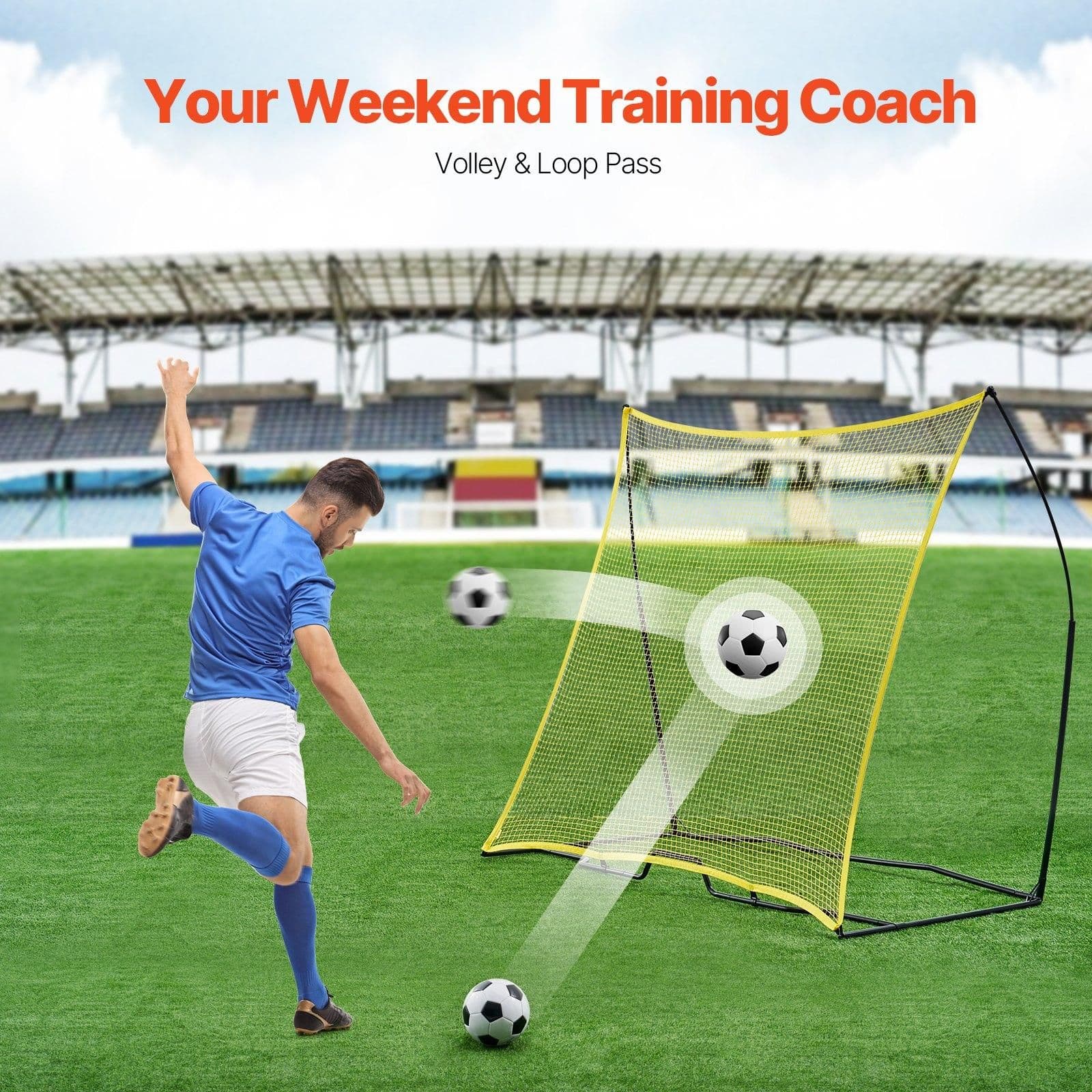 image-VEVOR Soccer Rebounder, Portable Soccer Trainer, 7x7FT Iron & Polyester Soccer Practice Equipment, Sports Football Rebounder Wall with Portable Bag, Perfect for Team Solo Training, Passing, Volley