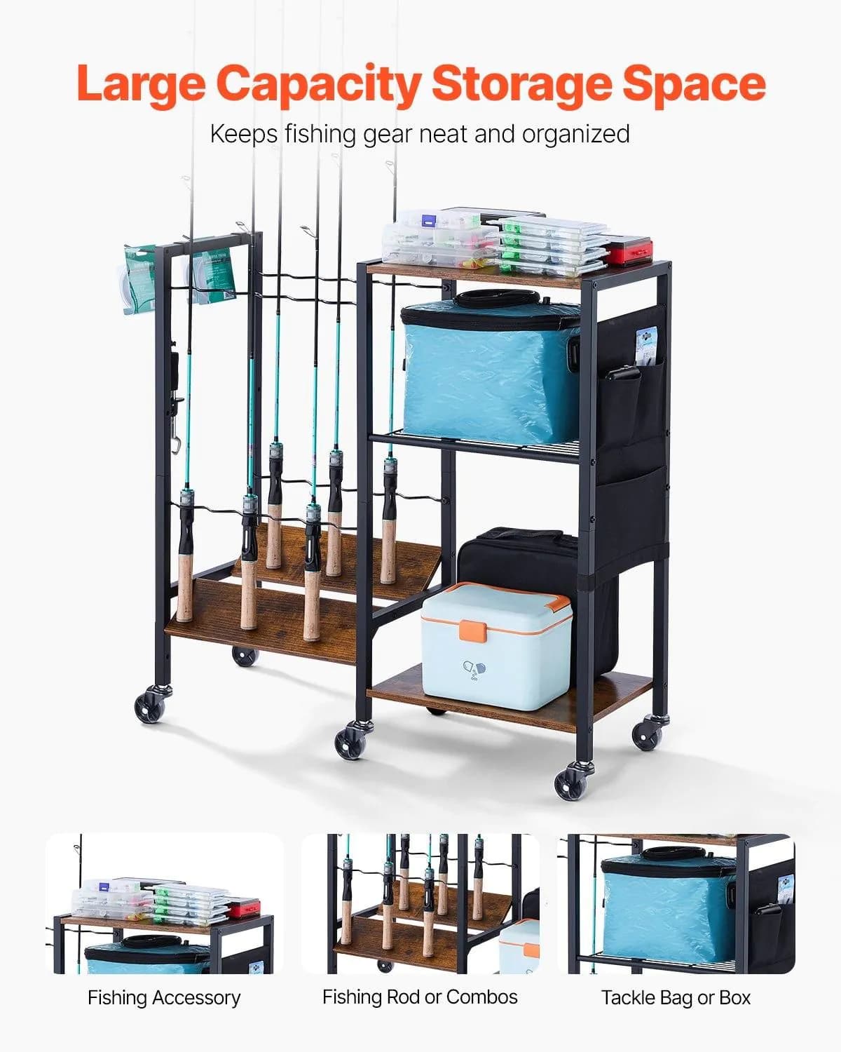 image-VEVOR Fishing Rod Holder for 12-Rods, Mobile Fishing Pole Rack Cart with Wheels, Fish Gear Equipment Organizer for Garage Home Indoor Use, for Tackle Box Reel Accessories Storage, Gifts for Men