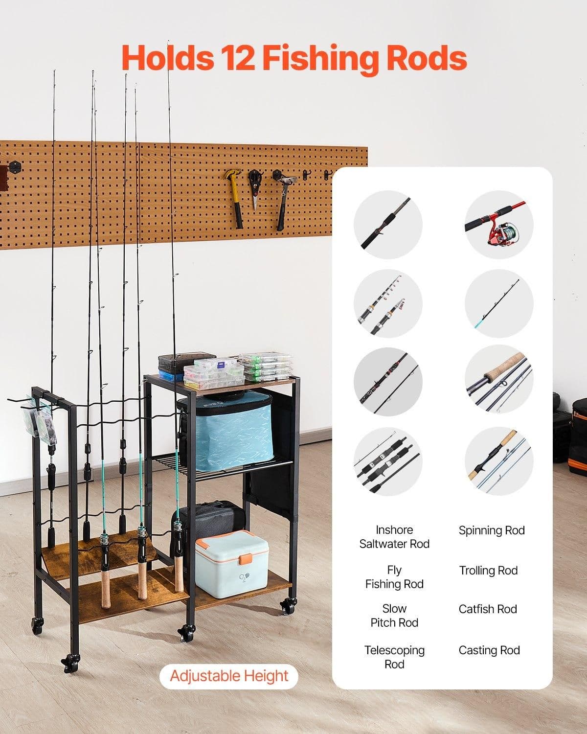 image-VEVOR Fishing Rod Holder for 12-Rods, Mobile Fishing Pole Rack Cart with Wheels, Fish Gear Equipment Organizer for Garage Home Indoor Use, for Tackle Box Reel Accessories Storage, Gifts for Men
