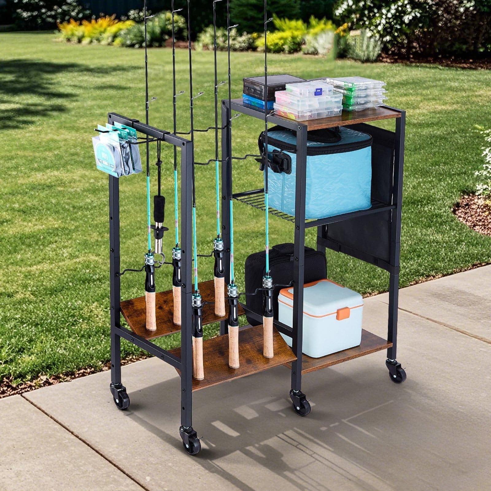image-VEVOR Fishing Rod Holder for 12-Rods, Mobile Fishing Pole Rack Cart with Wheels, Fish Gear Equipment Organizer for Garage Home Indoor Use, for Tackle Box Reel Accessories Storage, Gifts for Men