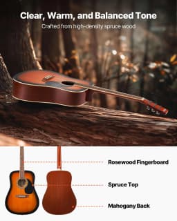 image-VEVOR Dreadnought Acoustic Guitar, 41 in, 6-String Sunburst Solid Spruce Top Guitar, Beginner Bundle with Gig Bag, Tuner, Strap, Strings, Picks, Capo, Rosewood Fingerboard, for Adult Taller Player