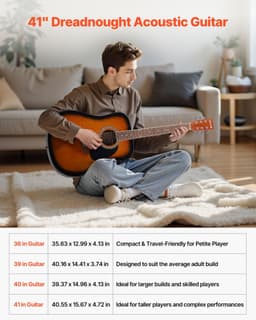 image-VEVOR Dreadnought Acoustic Guitar, 41 in, 6-String Sunburst Solid Spruce Top Guitar, Beginner Bundle with Gig Bag, Tuner, Strap, Strings, Picks, Capo, Rosewood Fingerboard, for Adult Taller Player