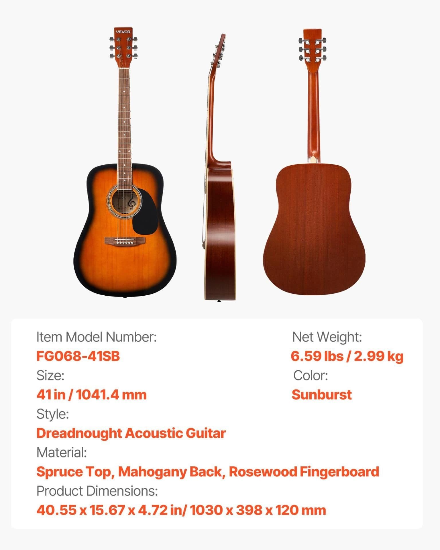 image-VEVOR Dreadnought Acoustic Guitar, 41 in, 6-String Sunburst Solid Spruce Top Guitar, Beginner Bundle with Gig Bag, Tuner, Strap, Strings, Picks, Capo, Rosewood Fingerboard, for Adult Taller Player