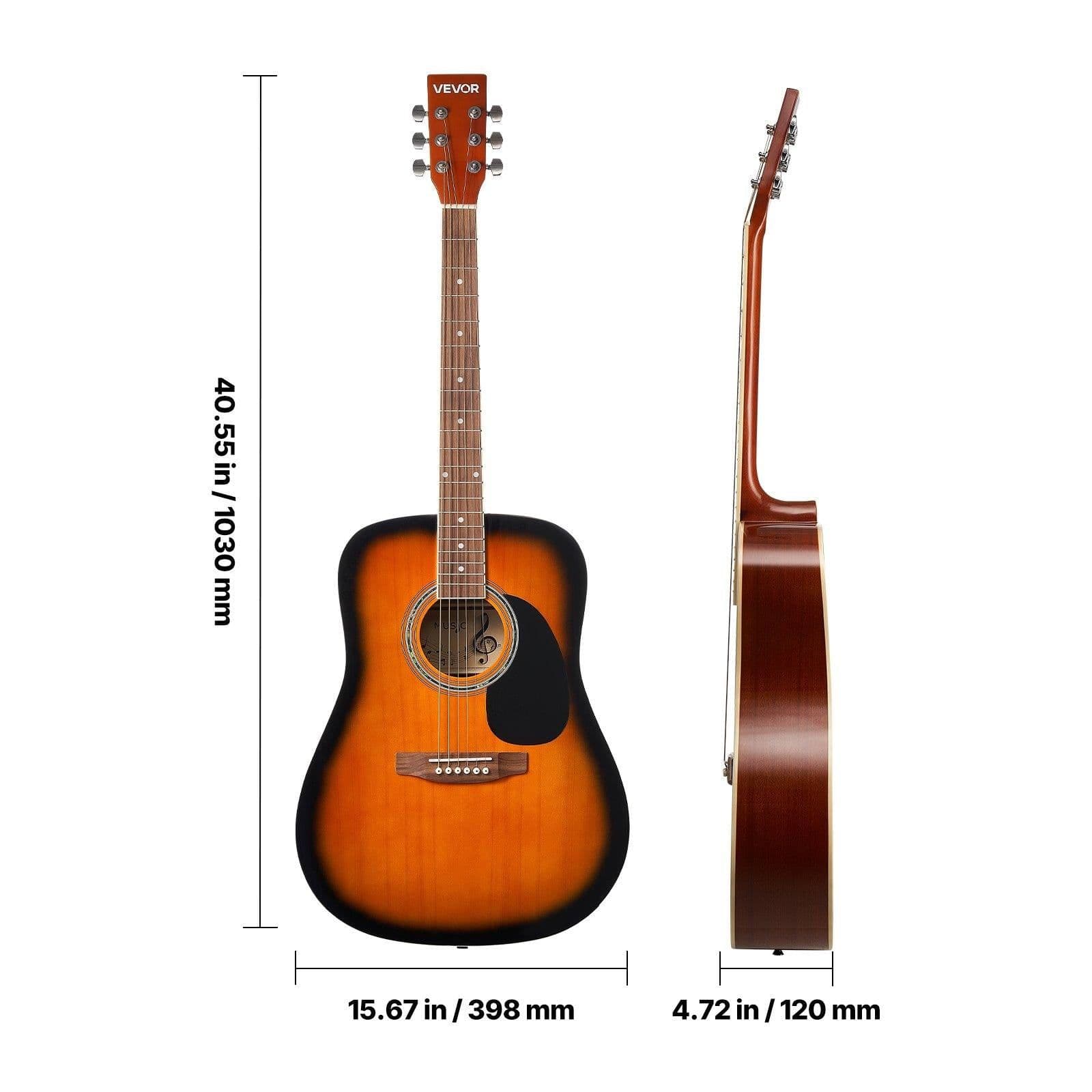 image-VEVOR Dreadnought Acoustic Guitar, 41 in, 6-String Sunburst Solid Spruce Top Guitar, Beginner Bundle with Gig Bag, Tuner, Strap, Strings, Picks, Capo, Rosewood Fingerboard, for Adult Taller Player