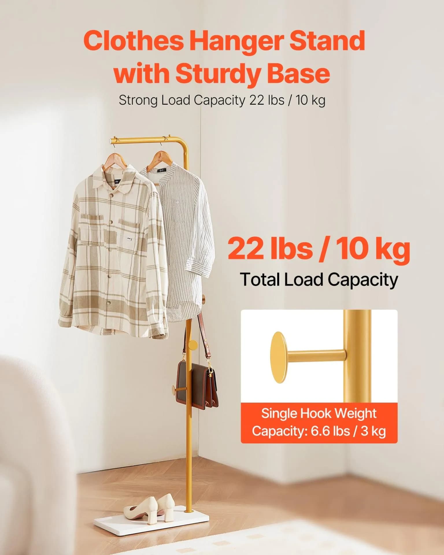 image-VEVOR Coat Rack, Freestanding Coats Rack Stand with Quartz Stone Base & 3 Round Hooks, Free Standing Hall Coat Tree for Entryway, Bedroom, Living Room, Stylish Clothes Hanger Stand for Coats, Hat, Bag