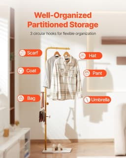 image-VEVOR Coat Rack, Freestanding Coats Rack Stand with Quartz Stone Base & 3 Round Hooks, Free Standing Hall Coat Tree for Entryway, Bedroom, Living Room, Stylish Clothes Hanger Stand for Coats, Hat, Bag
