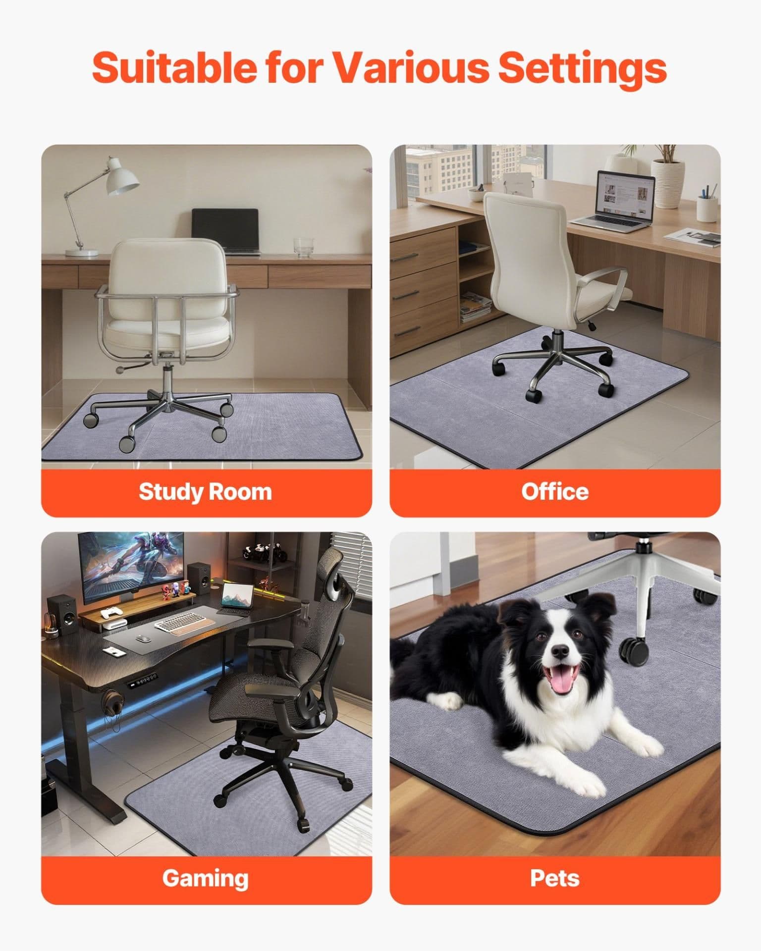 image-VEVOR Chair Mat, 36 x 48-inch Office Chair Mat for Hard Floors, Floor Protector for Rolling Chairs, Corduroy Surface, Non-Slip & Easy to Clean, Smooth Glide Under Desk Rug for Home Office (Grey)