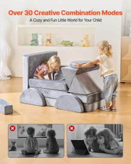 image-VEVOR Modular Kids Play Couch, Sectional Toddler Sofa with Armrests, 28D Sponge & Short Pile, Convertible Kids Modular Couch DIY Creative Combination for Playroom, Bedroom, Living Room, 14 Pcs, Gray