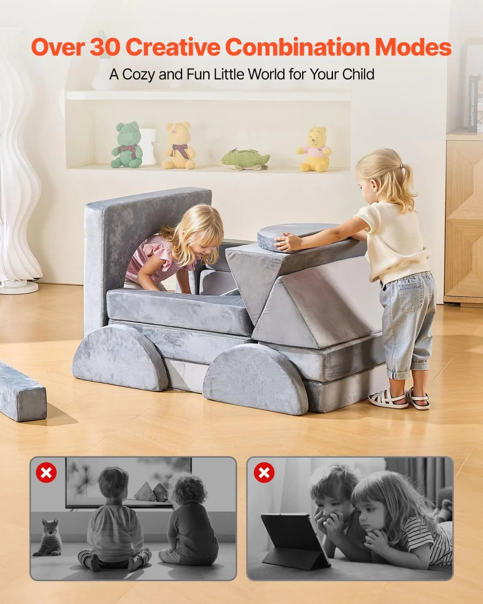 image-VEVOR Modular Kids Play Couch, Sectional Toddler Sofa with Armrests, 28D Sponge & Short Pile, Convertible Kids Modular Couch DIY Creative Combination for Playroom, Bedroom, Living Room, 14 Pcs, Gray