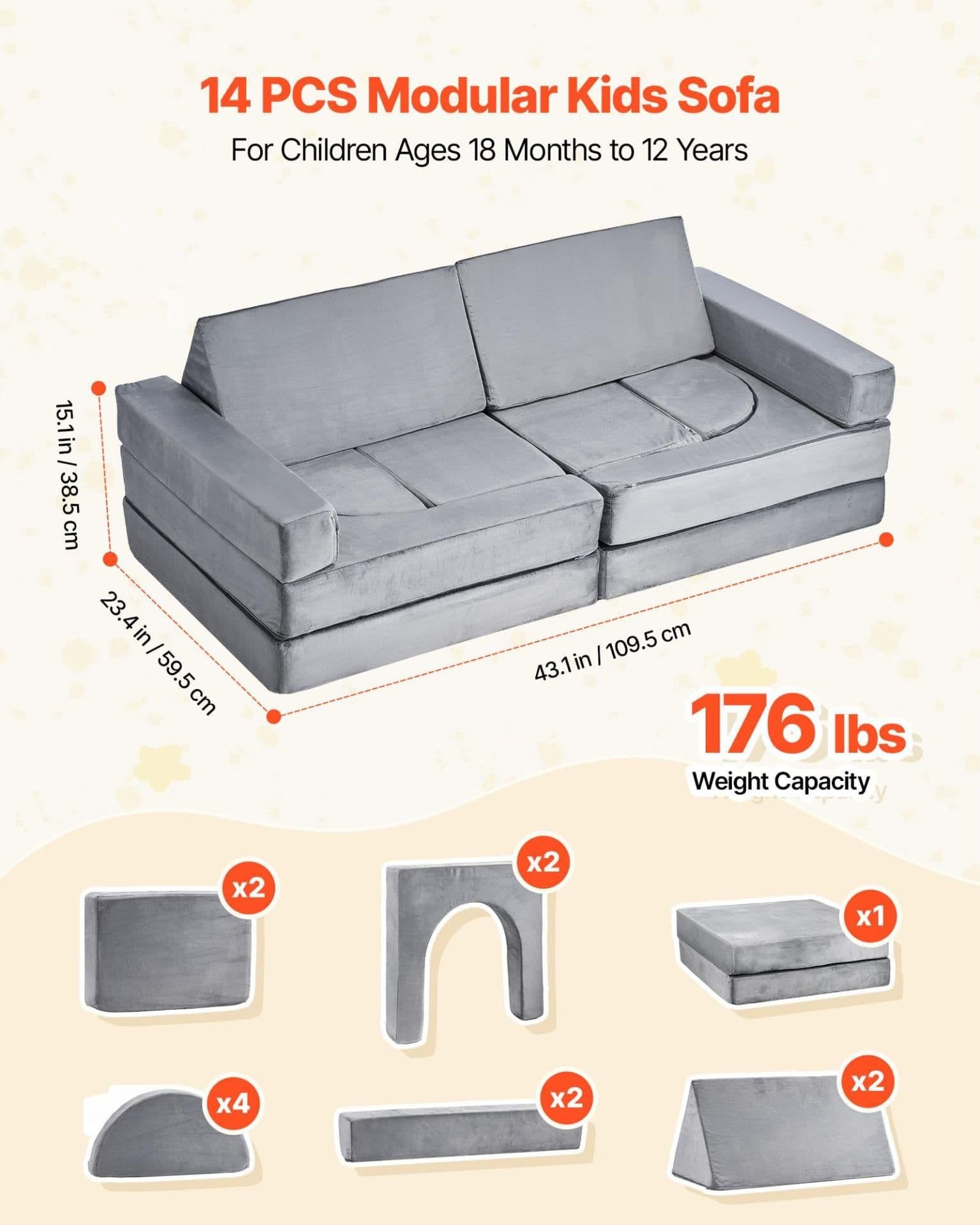 image-VEVOR Modular Kids Play Couch, Sectional Toddler Sofa with Armrests, 28D Sponge & Short Pile, Convertible Kids Modular Couch DIY Creative Combination for Playroom, Bedroom, Living Room, 14 Pcs, Gray
