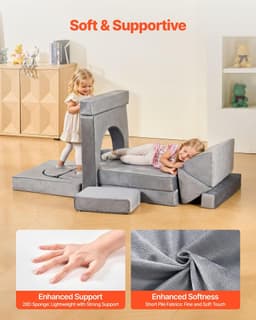 image-VEVOR Modular Kids Play Couch, Sectional Toddler Sofa with Armrests, 28D Sponge & Short Pile, Convertible Kids Modular Couch DIY Creative Combination for Playroom, Bedroom, Living Room, 14 Pcs, Gray