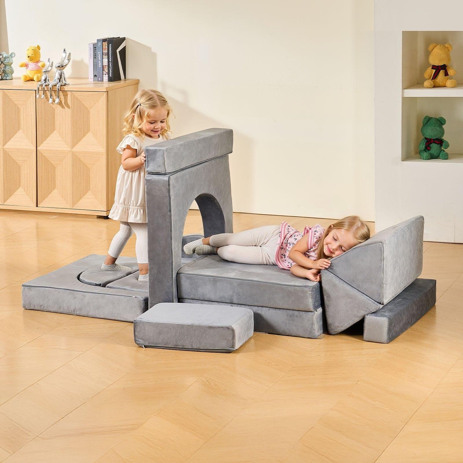 image-VEVOR Modular Kids Play Couch, Sectional Toddler Sofa with Armrests, 28D Sponge & Short Pile, Convertible Kids Modular Couch DIY Creative Combination for Playroom, Bedroom, Living Room, 14 Pcs, Gray