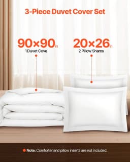 image-VEVOR Queen Duvet Cover Set, 100% Cotton, 3 Pieces Bedding Set Queen Size with 1 Duvet Cover 90 x 90 in and 2 Pillow Shams 20 x 26 in, Soft Breathable, Double Zipper Closure, for Home Bedding, White