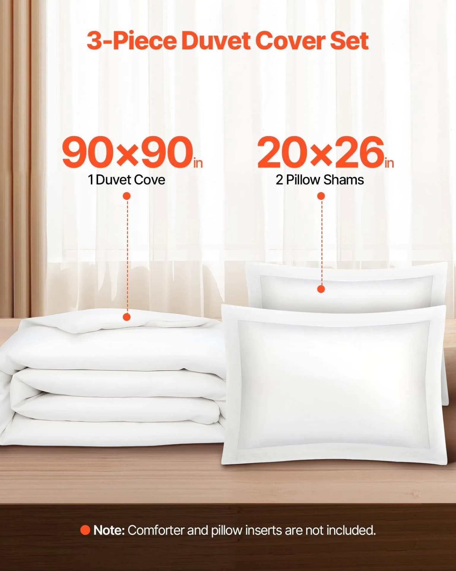image-VEVOR Queen Duvet Cover Set, 100% Cotton, 3 Pieces Bedding Set Queen Size with 1 Duvet Cover 90 x 90 in and 2 Pillow Shams 20 x 26 in, Soft Breathable, Double Zipper Closure, for Home Bedding, White