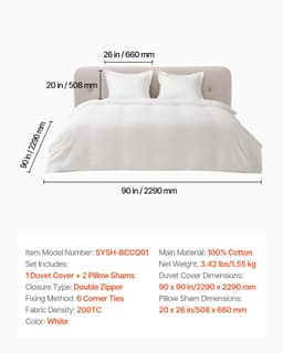 image-VEVOR Queen Duvet Cover Set, 100% Cotton, 3 Pieces Bedding Set Queen Size with 1 Duvet Cover 90 x 90 in and 2 Pillow Shams 20 x 26 in, Soft Breathable, Double Zipper Closure, for Home Bedding, White