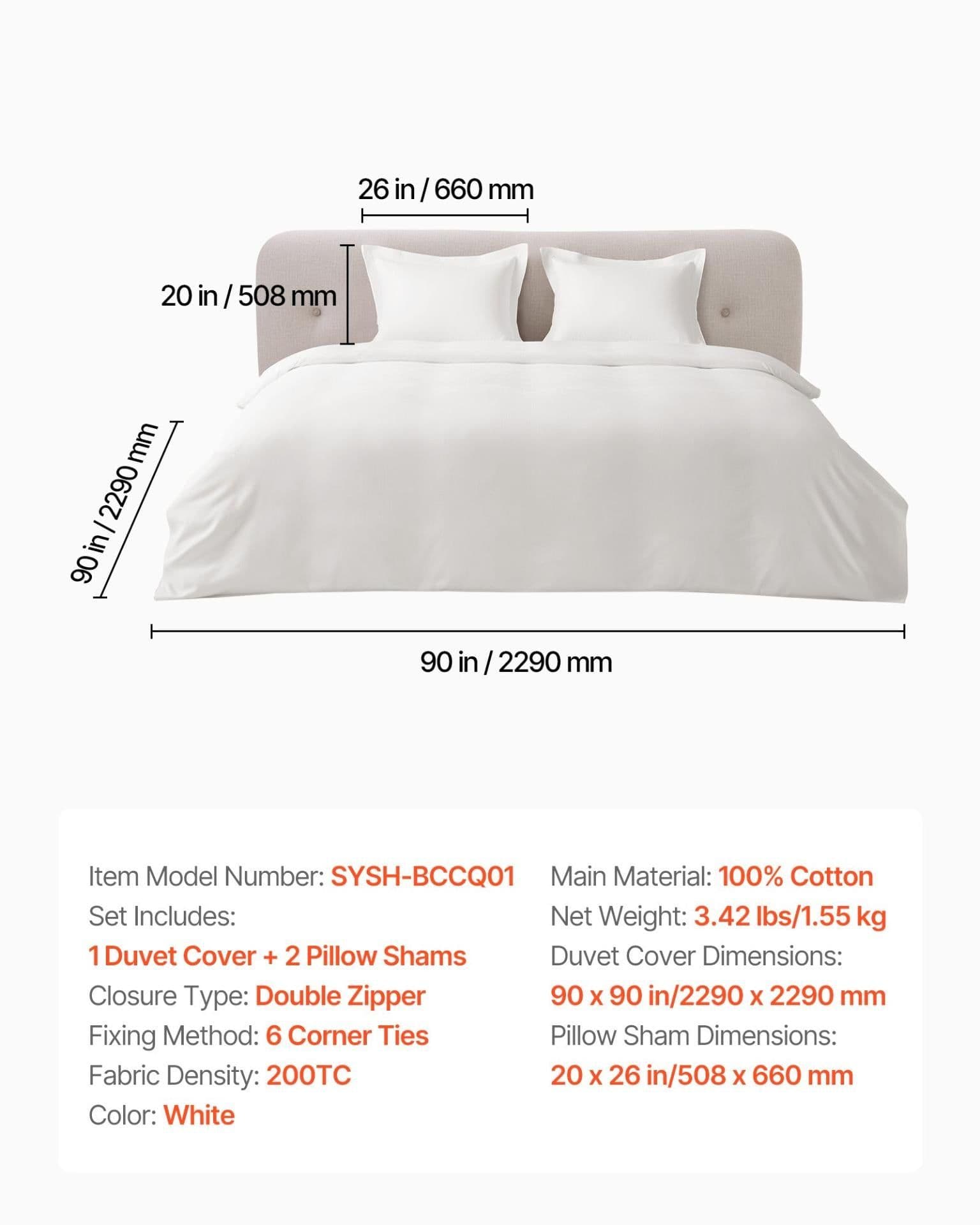 image-VEVOR Queen Duvet Cover Set, 100% Cotton, 3 Pieces Bedding Set Queen Size with 1 Duvet Cover 90 x 90 in and 2 Pillow Shams 20 x 26 in, Soft Breathable, Double Zipper Closure, for Home Bedding, White
