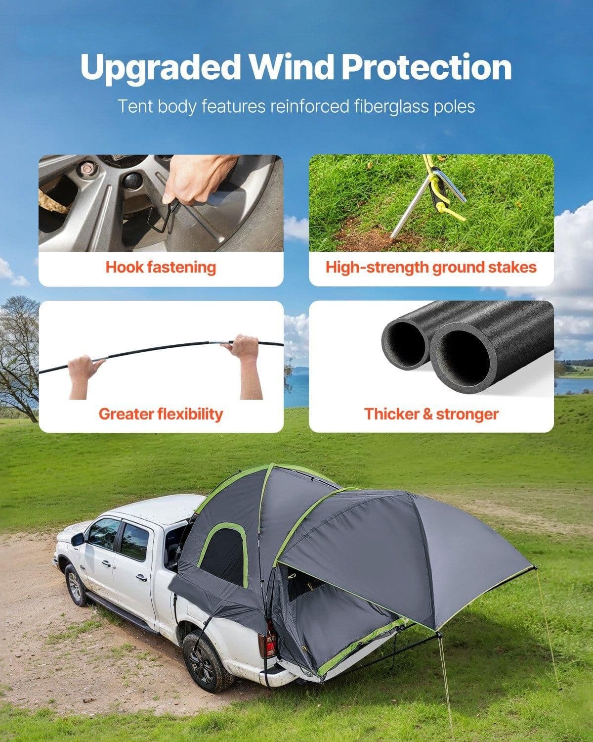 image-VEVOR Pickup Truck Tent, Fits 8.0-8.2 ft Truck Tents for Camping, Waterproof PU2000 2-3 Person Sleeping Truck Bed Tent, Sturdy Truck Bed Camper Shell with Expandable Awning, Rainfly, Storage Bag