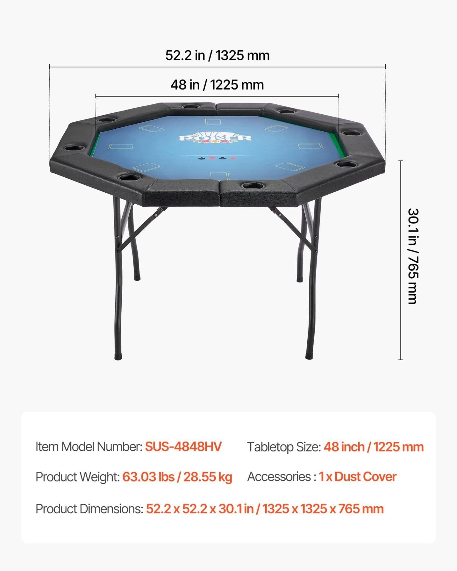 image-VEVOR Foldable Poker Table, 8 Player 48 in Folding Casino Leisure Table with Padded Rails & Cup Holders, Octagonal Portable Game Tables with Felt & Metal Legs, for Texas Hold'em Game and Blackjack