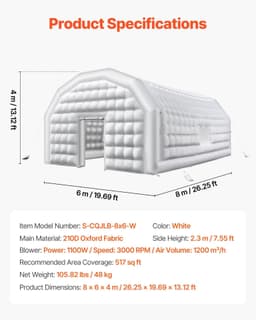 image-VEVOR Inflatable Nightclub, 26.2 x 19.7 x 13.1 ft Inflatable Party Tent with 1100W Blower & Sandbag, Blow up Night Club with 2 Windows, Air Cube House for Event Birthday Wedding Party, White
