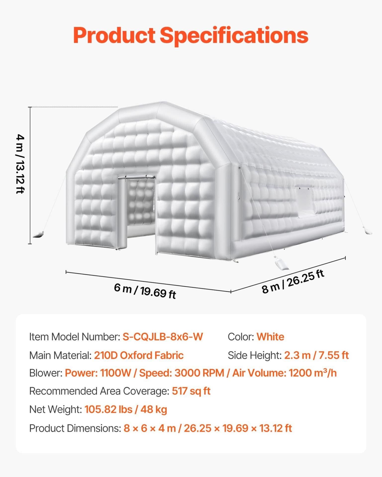image-VEVOR Inflatable Nightclub, 26.2 x 19.7 x 13.1 ft Inflatable Party Tent with 1100W Blower & Sandbag, Blow up Night Club with 2 Windows, Air Cube House for Event Birthday Wedding Party, White