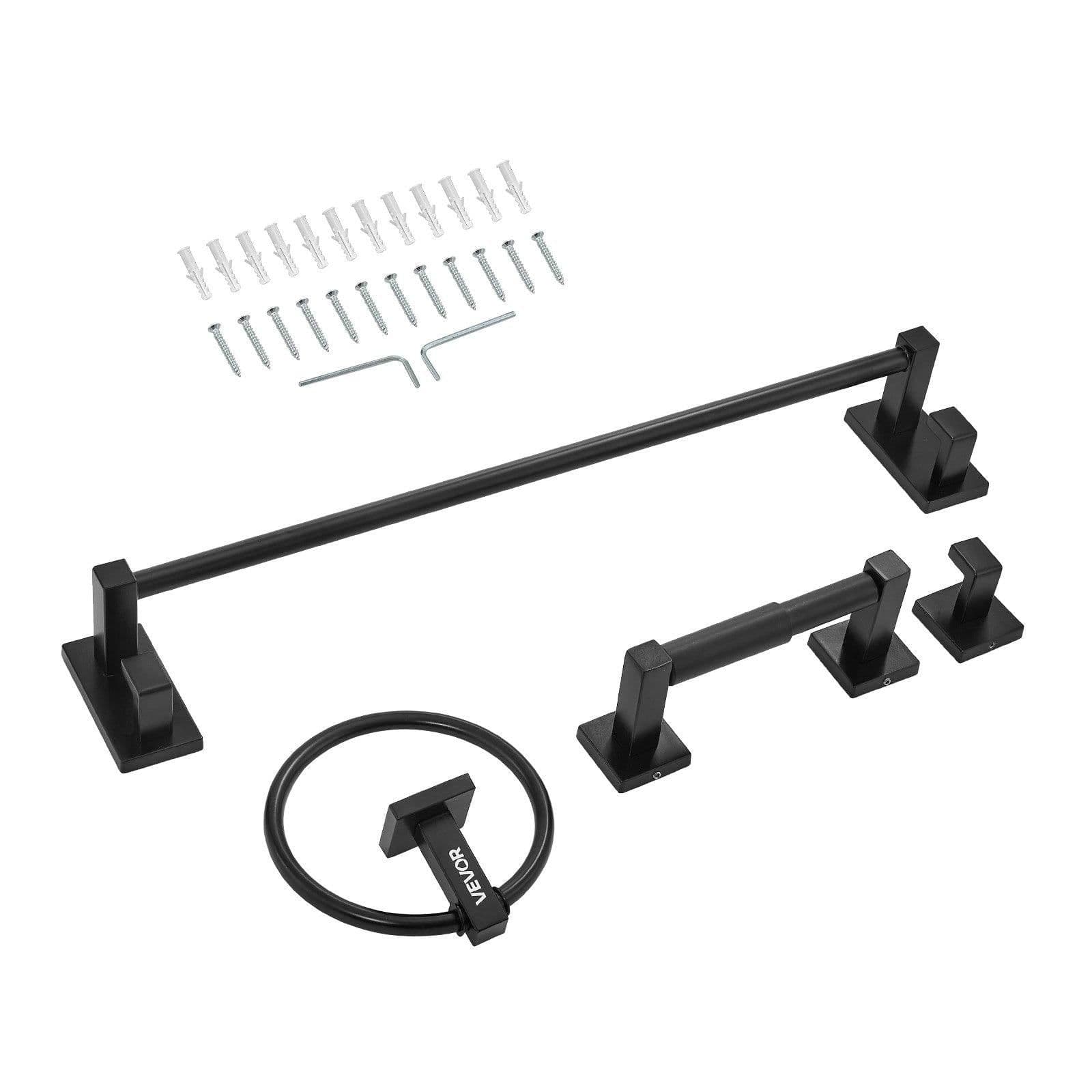 image-VEVOR Matte Black Bathroom Hardware Set, 4 Pieces Stainless Steel Bathroom Accessories Set, 24-inch Towel Bar, Towel Ring, Robe Towel Hook, Toilet Paper Holder, for Bath Room, Wall Mounted