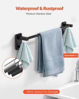 image-VEVOR Matte Black Bathroom Hardware Set, 4 Pieces Stainless Steel Bathroom Accessories Set, 24-inch Towel Bar, Towel Ring, Robe Towel Hook, Toilet Paper Holder, for Bath Room, Wall Mounted
