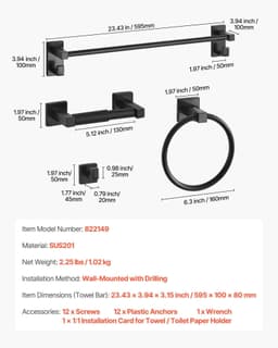 image-VEVOR Matte Black Bathroom Hardware Set, 4 Pieces Stainless Steel Bathroom Accessories Set, 24-inch Towel Bar, Towel Ring, Robe Towel Hook, Toilet Paper Holder, for Bath Room, Wall Mounted