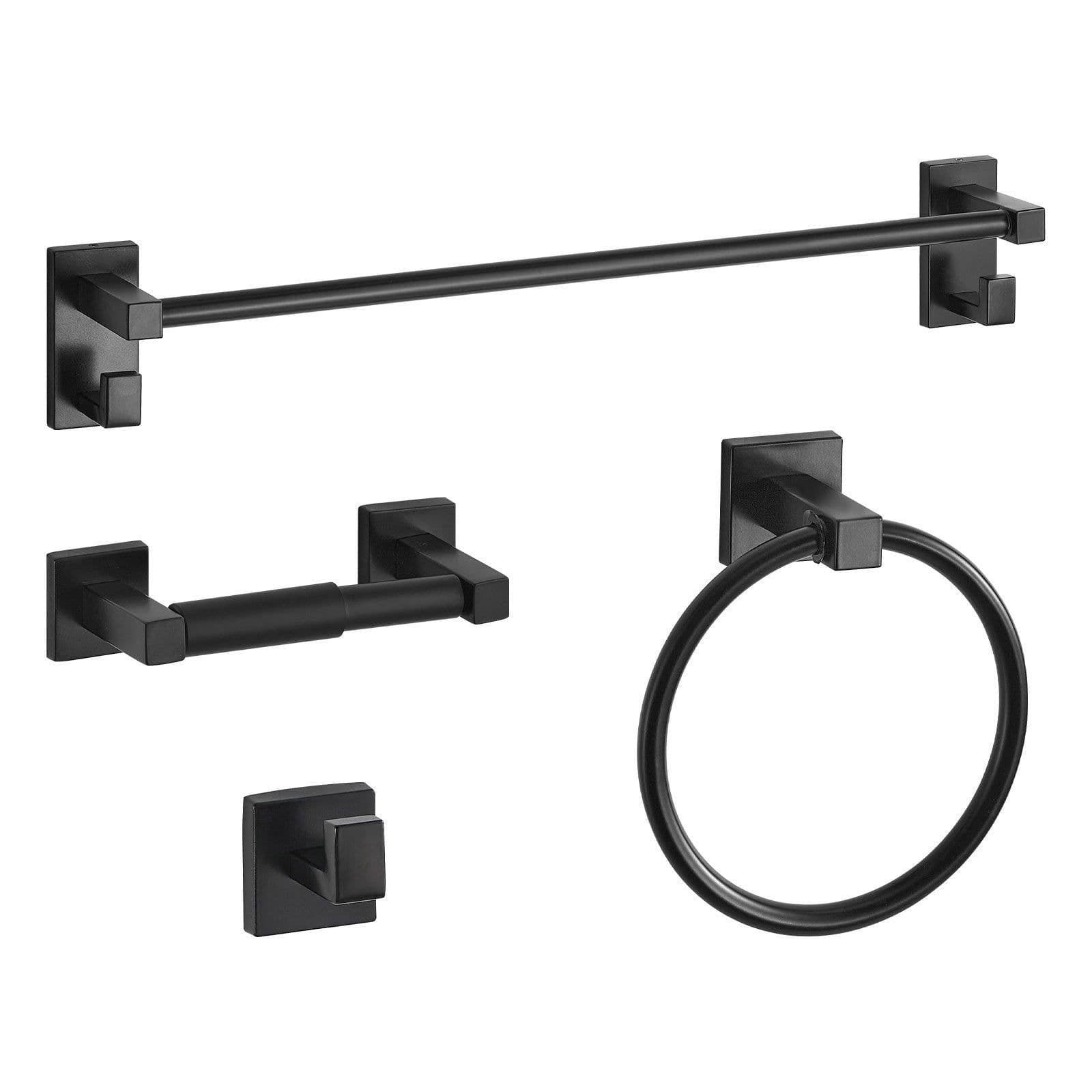 image-VEVOR Matte Black Bathroom Hardware Set, 4 Pieces Stainless Steel Bathroom Accessories Set, 24-inch Towel Bar, Towel Ring, Robe Towel Hook, Toilet Paper Holder, for Bath Room, Wall Mounted