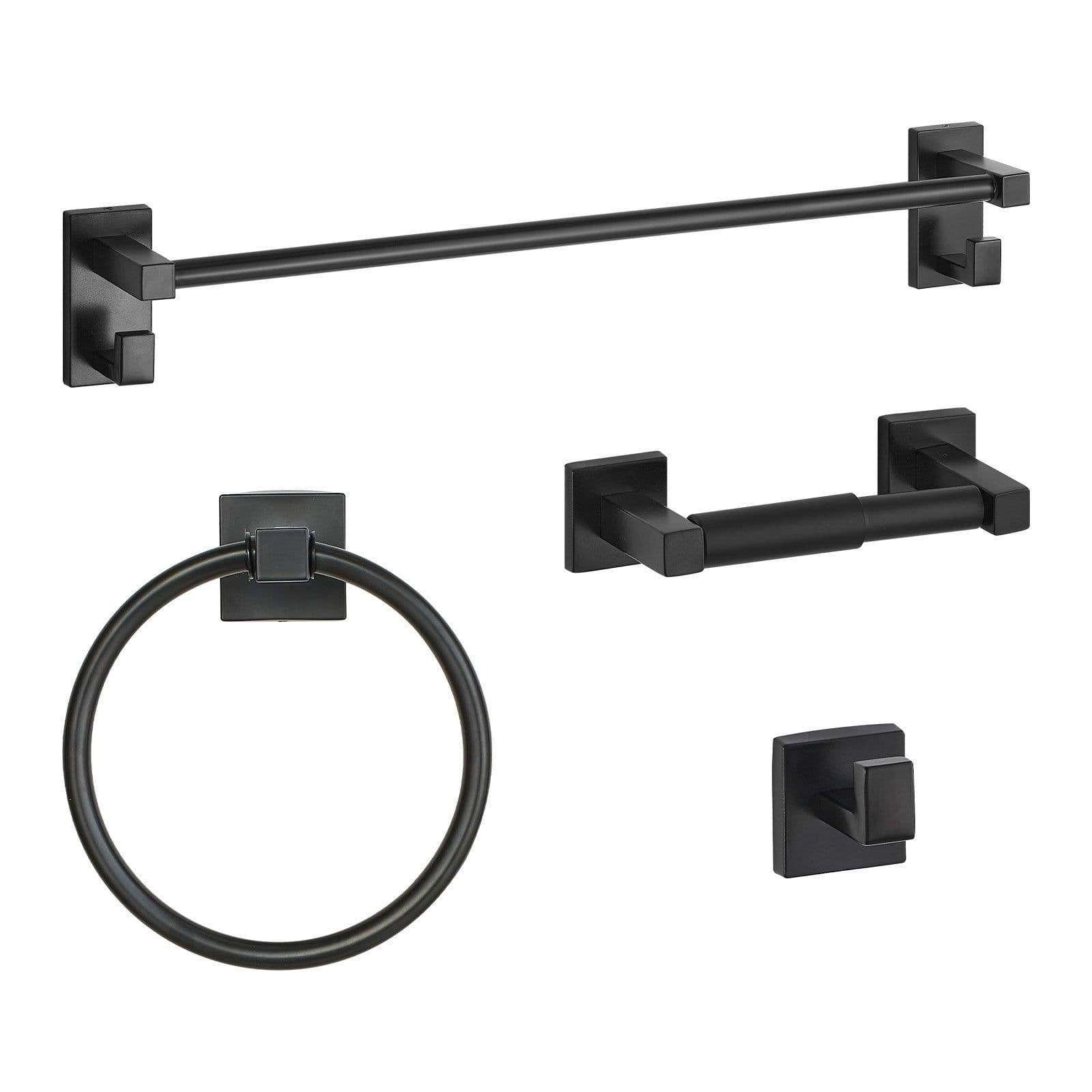 image-VEVOR Matte Black Bathroom Hardware Set, 4 Pieces Stainless Steel Bathroom Accessories Set, 24-inch Towel Bar, Towel Ring, Robe Towel Hook, Toilet Paper Holder, for Bath Room, Wall Mounted