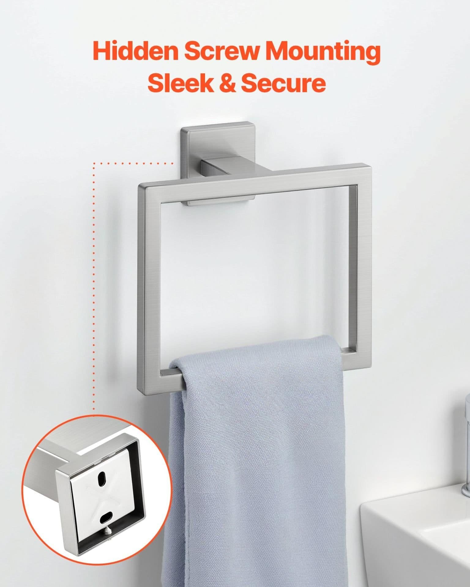 image-VEVOR Brushed Nickel Bathroom Hardware Set, 5 Pieces Bathroom Accessories Set, Stainless Steel 24 inch Towel Bar, Towel Rack, 2 Robe Towel Hooks, Toilet Paper Holder for Bath Room, Wall Mounted